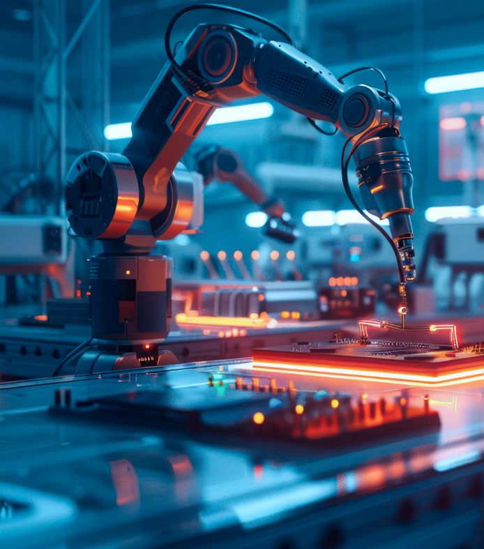 Advanced robotic arm assembling microchips in a high-tech automated manufacturing facility