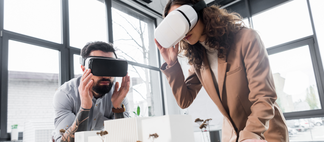 VR headsets, engaging in a virtual experience in a modern workspace